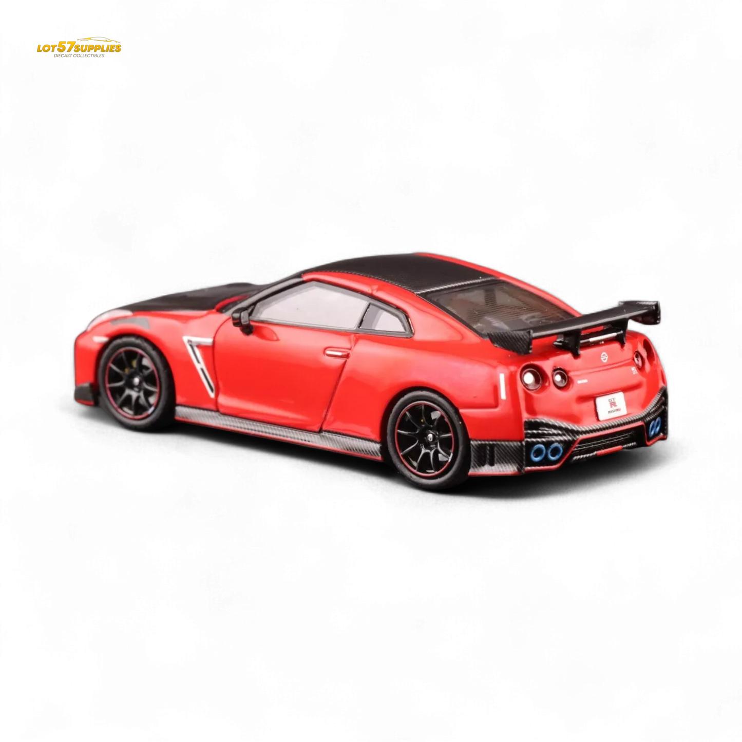 Red Inno64 Nissan GT-R R35 Nismo diecast car, detailed miniature model in 1:64 scale with sleek design and vibrant red finish.