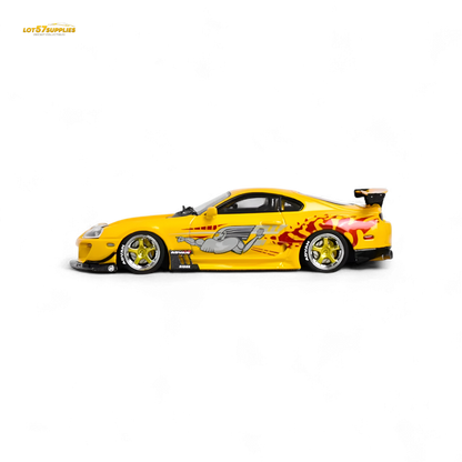 Diecast 1:64 Toyota Supra JZA80 Paul Walker tribute model by Lot57Supplies Diecast Shop, detailed silver toy car with sporty design.