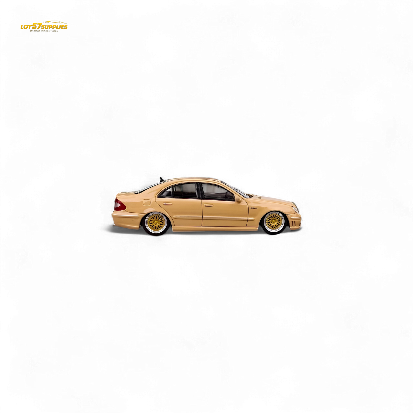 Detailed image of a Desert Yellow 1:64 scale Mercedes-Benz E63 AMG W211 diecast model by Lot57Supplies Diecast Shop.