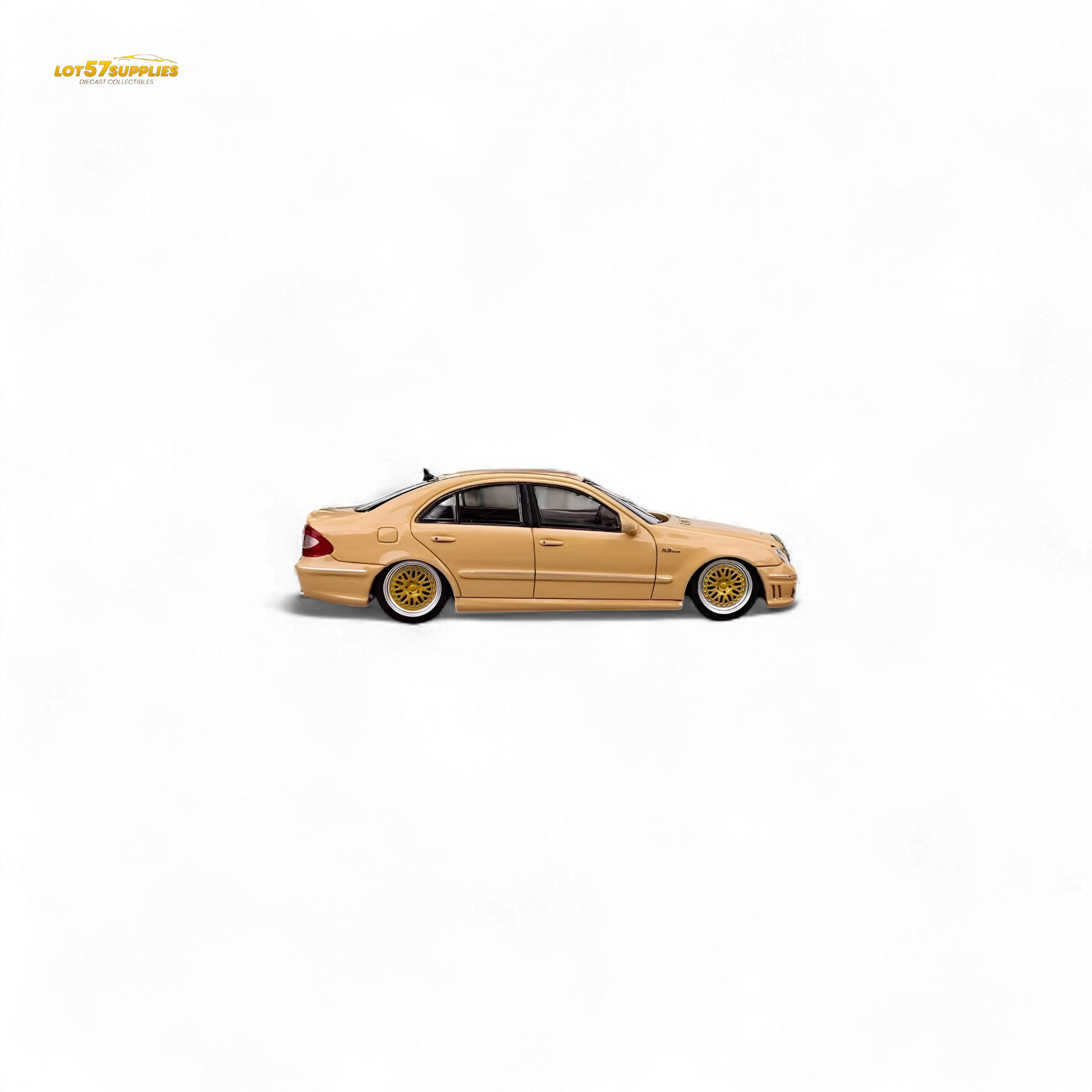 Detailed image of a Desert Yellow 1:64 scale Mercedes-Benz E63 AMG W211 diecast model by Lot57Supplies Diecast Shop.