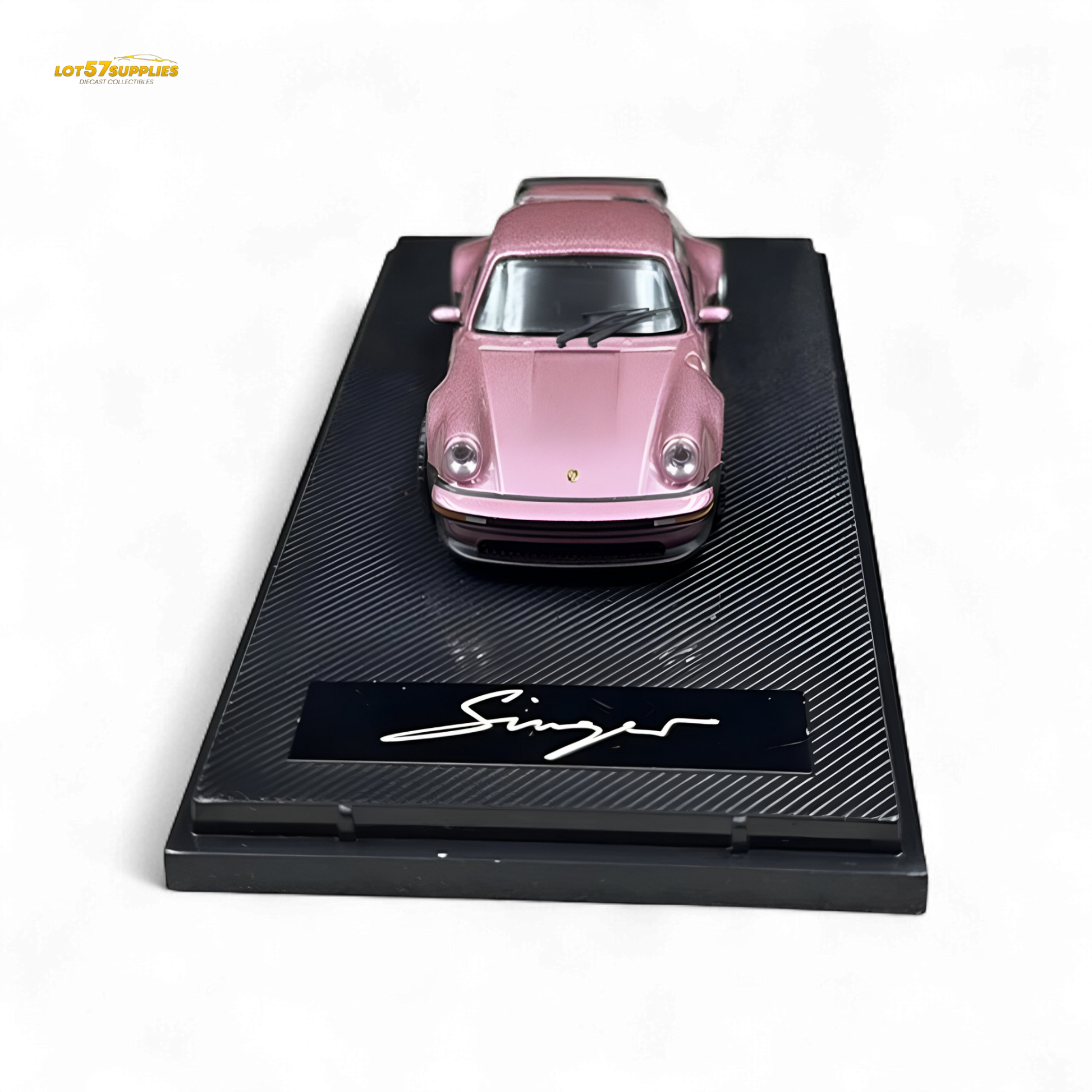 Pink Porsche 930 Singer diecast model by HobbyFans, 1:64 scale, detailed miniature sports car.