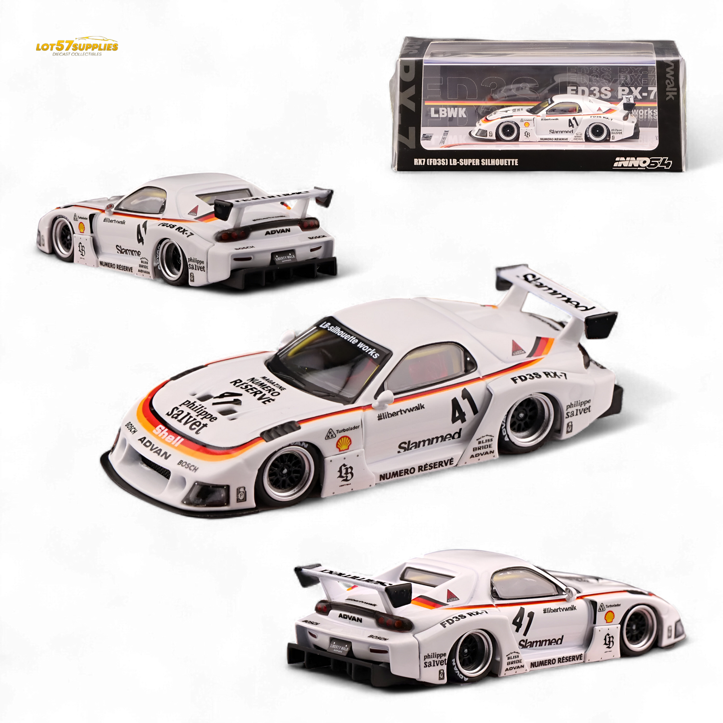 Inno64 Mazda RX-7 LBWK White 1:64 - Evergreen Kings