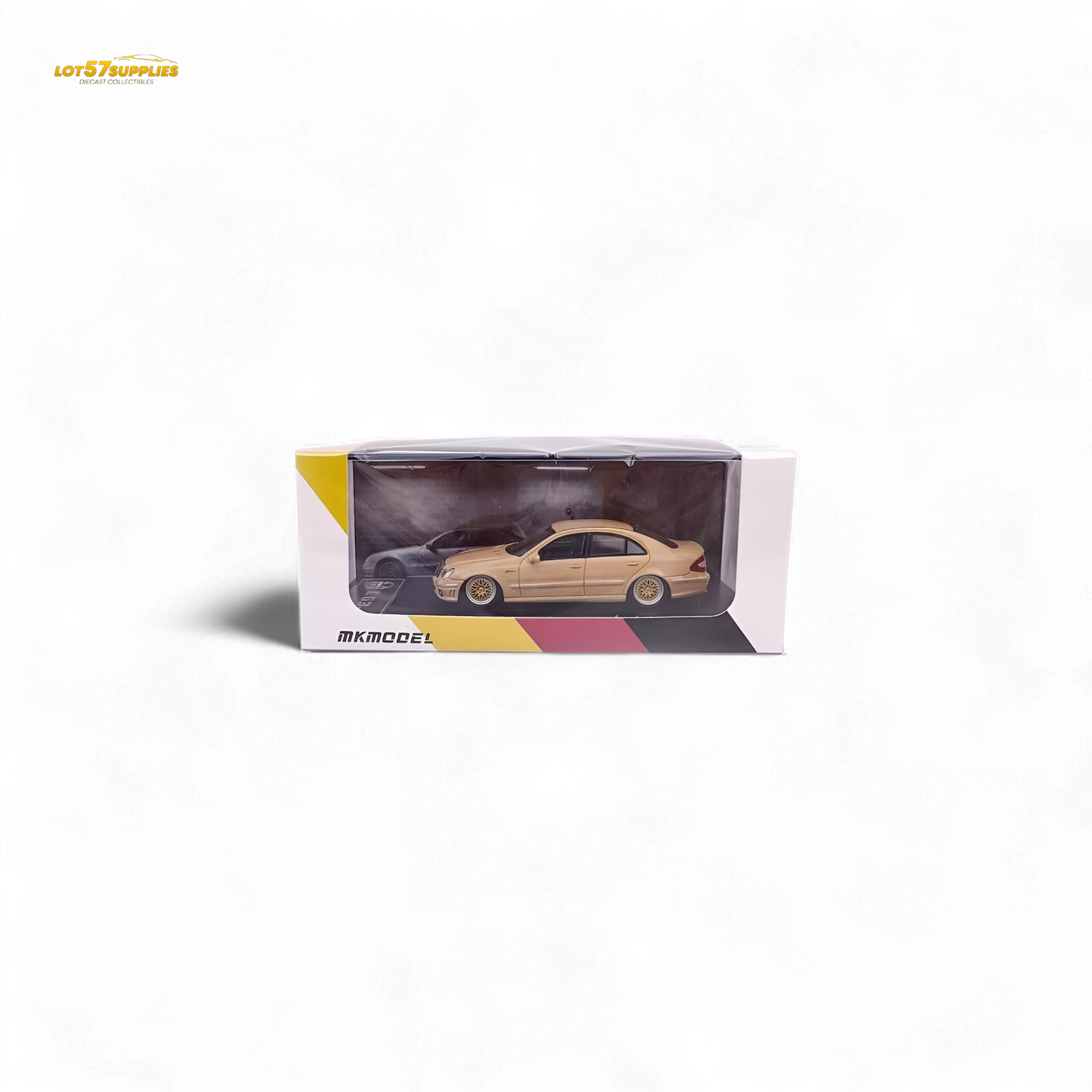 Mercedes-Benz E63 AMG W211 diecast model in desert yellow, 1:64 scale, showcasing detailed exterior and design features.