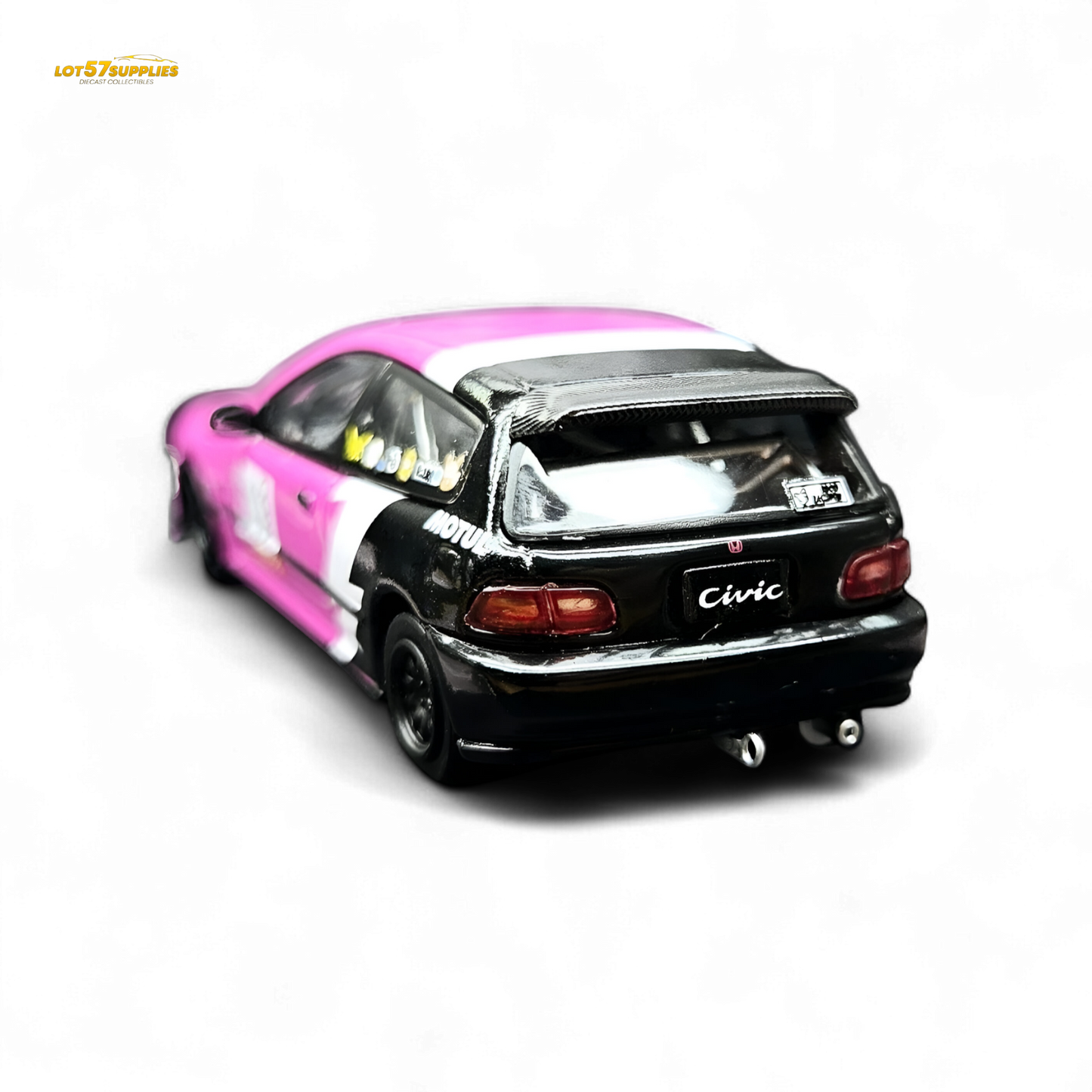 Pink Honda Civic EG6 diecast model by Lot57Supplies No Good Racing, detailed 1:64 scale car.