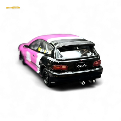 Pink Honda Civic EG6 diecast model by Lot57Supplies No Good Racing, detailed 1:64 scale car.
