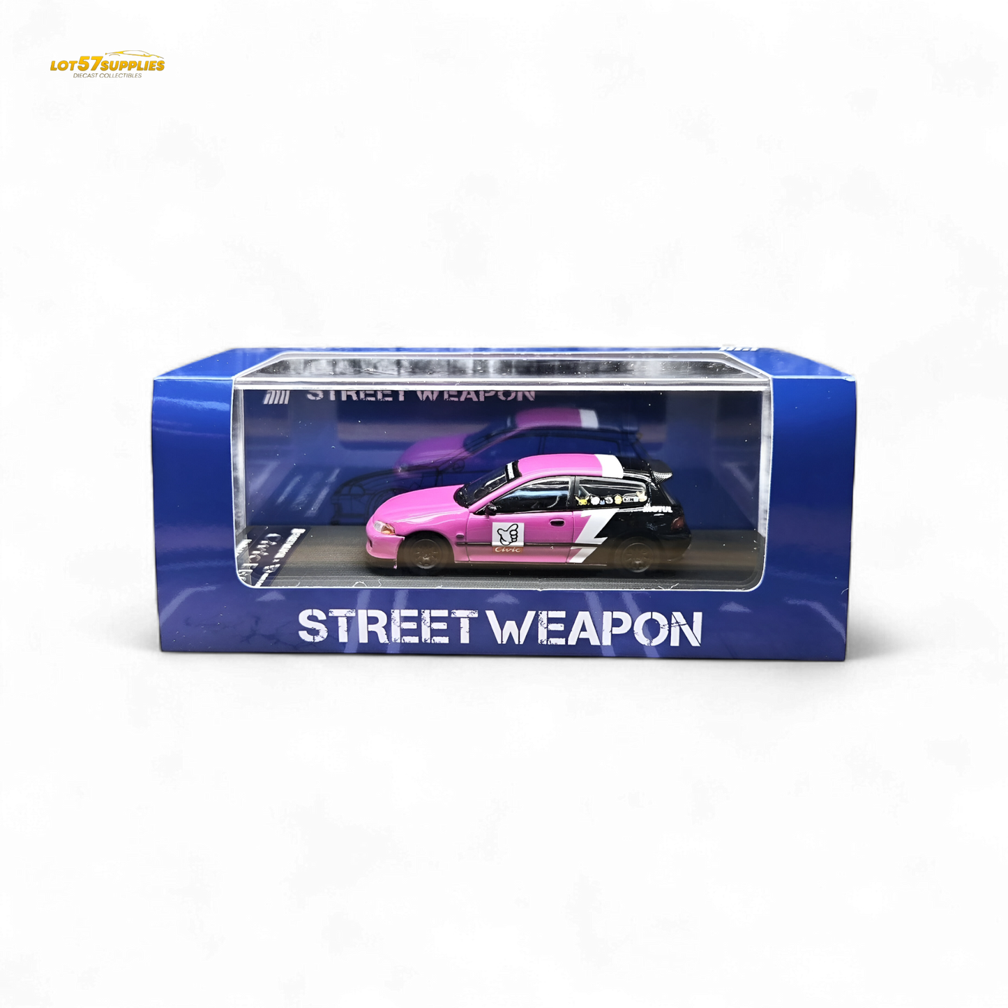 Pink Honda Civic EG6 diecast model by No Good Racing, 1:64 scale, detailed plastic car with racing styling from Lot57Supplies.