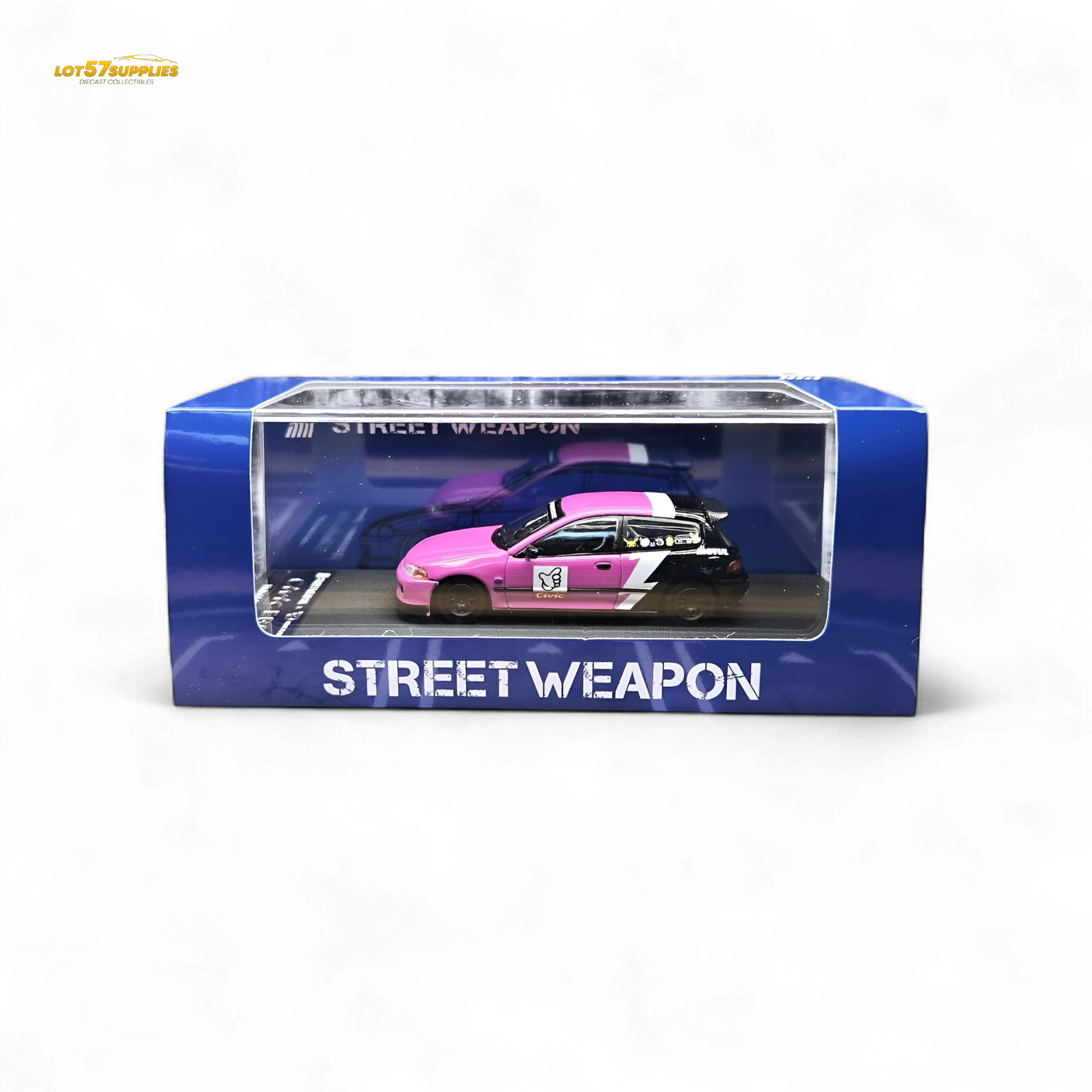 Pink Honda Civic EG6 diecast model by No Good Racing, 1:64 scale, detailed plastic car with racing styling from Lot57Supplies.