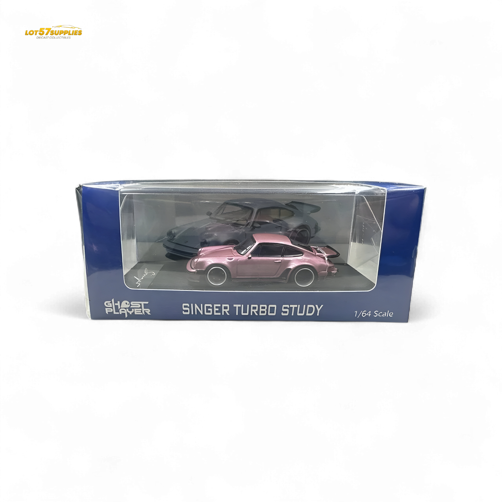 Pink Porsche 930 Singer diecast model in 1:64 scale by HobbyFans, detailed miniature car for collectors.