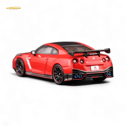 Red Inno64 Nissan GT-R R35 Nismo diecast model car, detailed 1:64 scale Nissan vehicle showcasing Nismo branding.