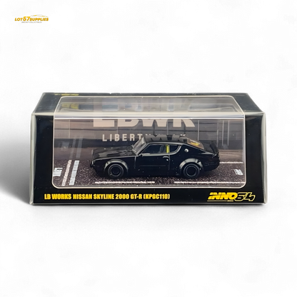 Black 1:64 scale Nissan Skyline GT-R KPGC110 Kenmeri diecast model by Inno64, detailed miniature car on white background