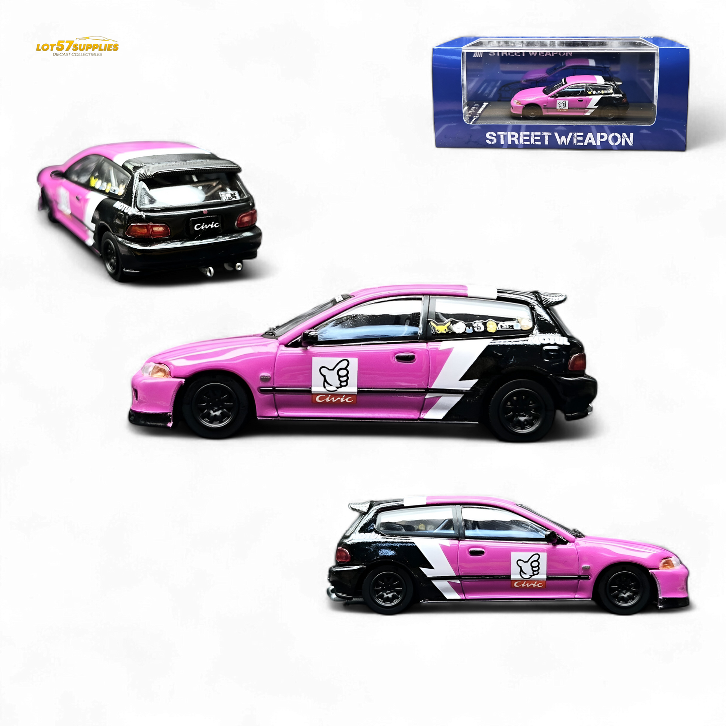 Pink Honda Civic EG6 diecast model by No Good Racing, detailed miniature car in 1:64 scale from Lot57Supplies Diecast Shop