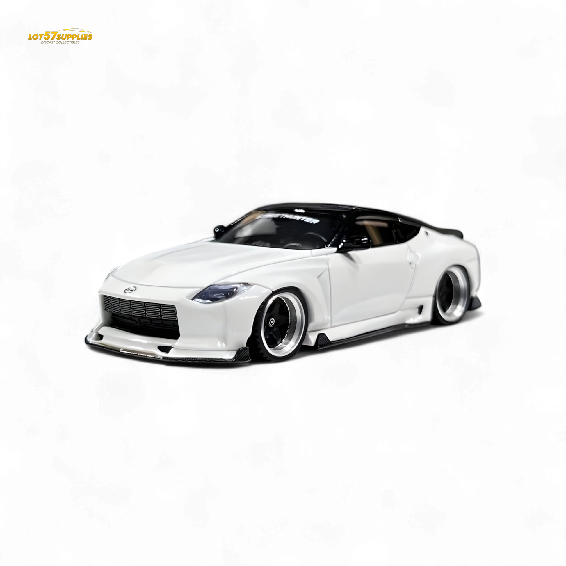 White Nissan 400Z diecast model car, 1:64 scale, detailed miniature from Lot57Supplies Diecast Shop.