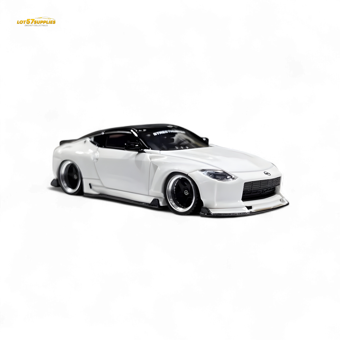 White Nissan 400Z diecast model in 1:64 scale, detailed miniature car from Lot57Supplies Diecast Shop, labeled 404ERROR 400Z.
