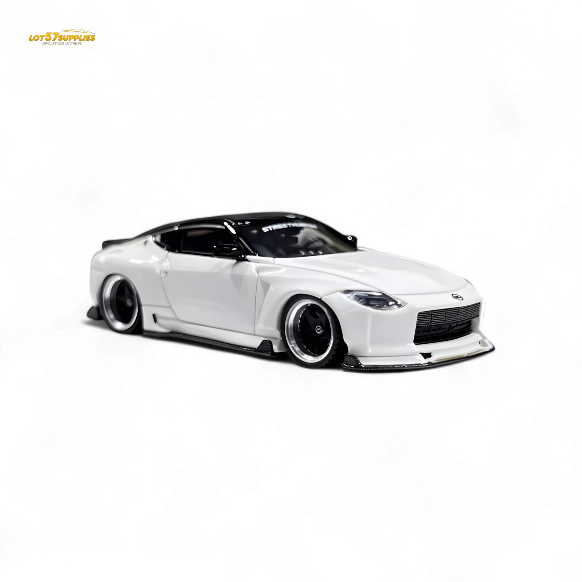 White Nissan 400Z diecast model in 1:64 scale, detailed miniature car from Lot57Supplies Diecast Shop, labeled 404ERROR 400Z.
