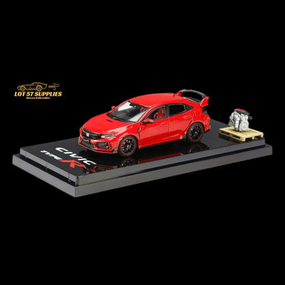 Diecast Honda Civic Type R FK8 in Flame Red, 1:64 scale model by Hobby Japan, detailed miniature car on plain background.