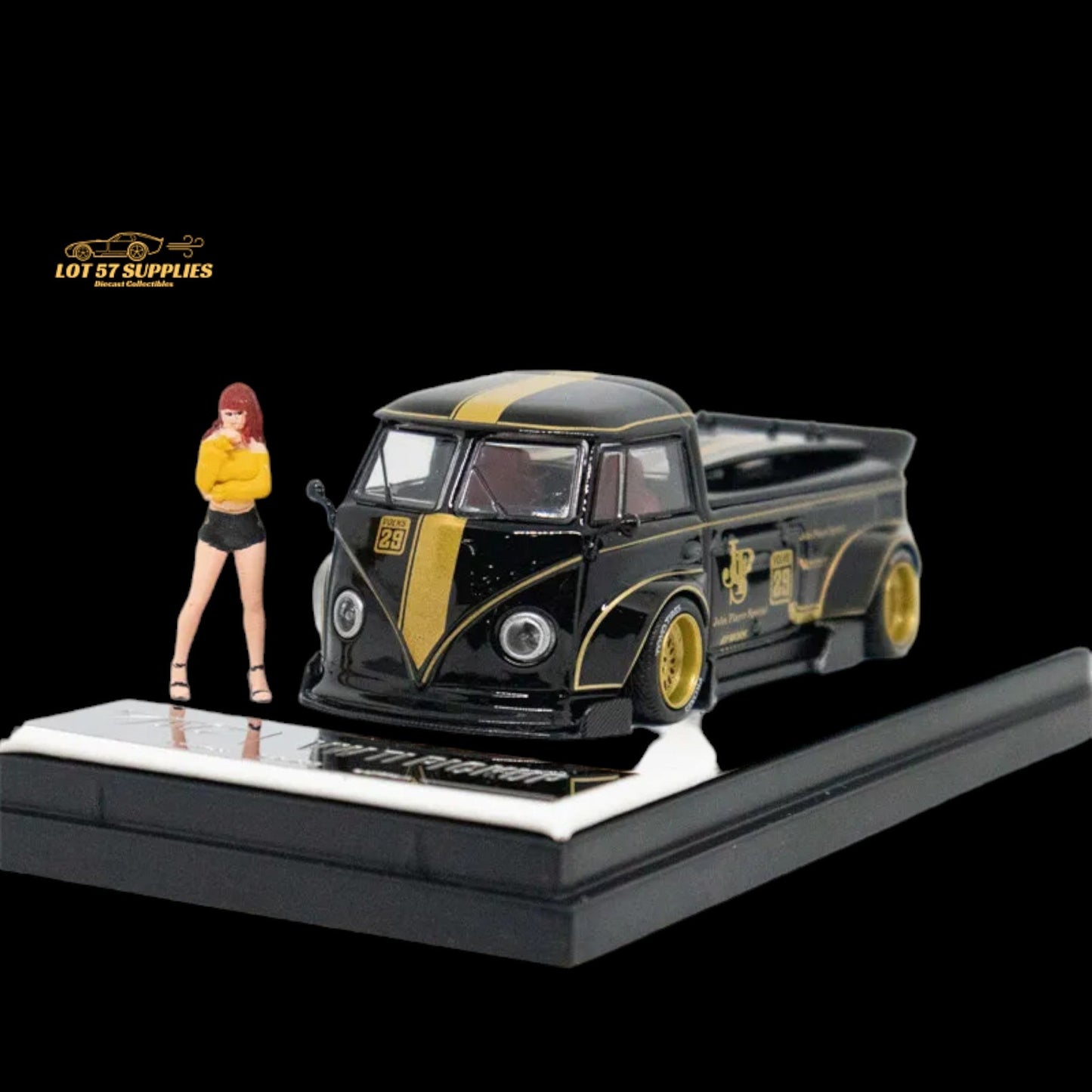 Volkswagen T1 Pick Up JPS diecast model with surfboards in 1:64 scale, detailed toy vehicle from Lot57Supplies Diecast Shop.