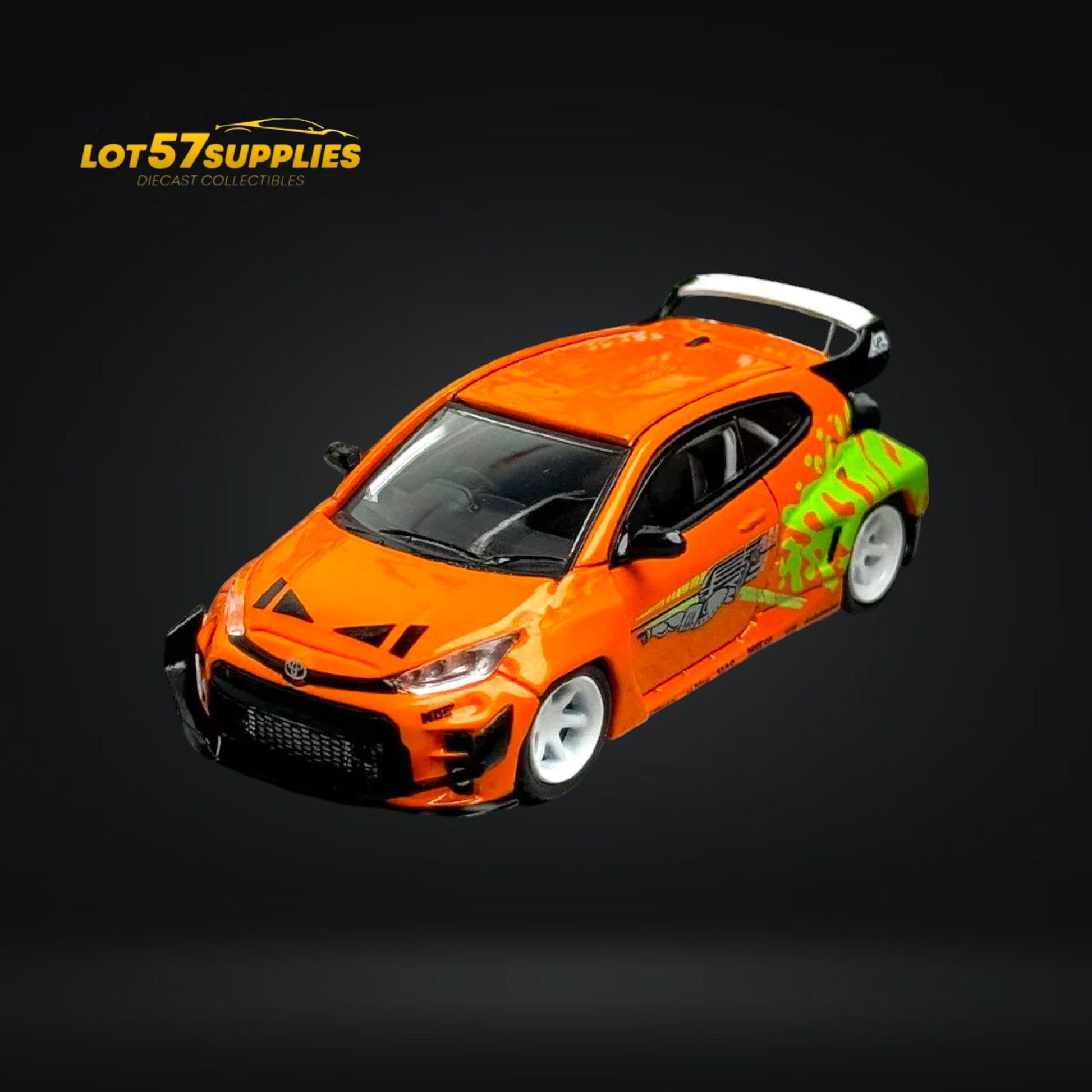 Diecast Toyota Yaris GR in Fast & Furious livery, 1:64 scale by Lot57Supplies Diecast Shop, detailed model car for collectors.