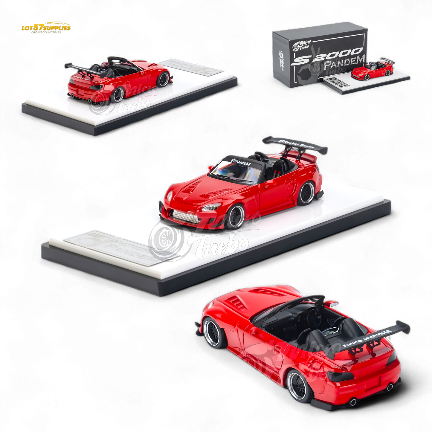 Red Honda S2000 diecast model by Pandem Rocket Bunny in 1:64 scale, featuring detailed body kit and sporty design.