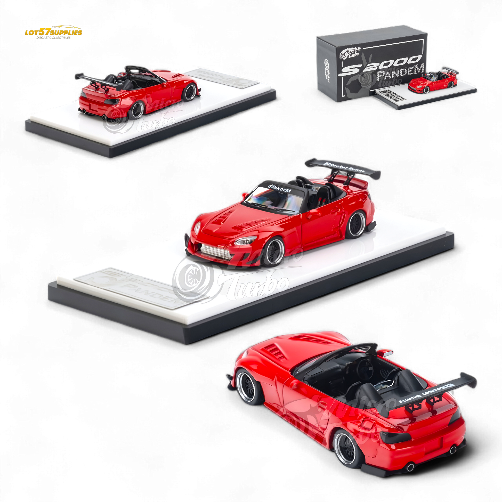 Red Honda S2000 diecast model by Pandem Rocket Bunny in 1:64 scale, featuring detailed body kit and sporty design.