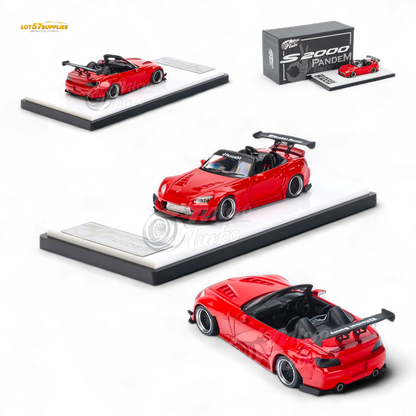 Red Honda S2000 diecast model by Pandem Rocket Bunny in 1:64 scale, featuring detailed body kit and sporty design.