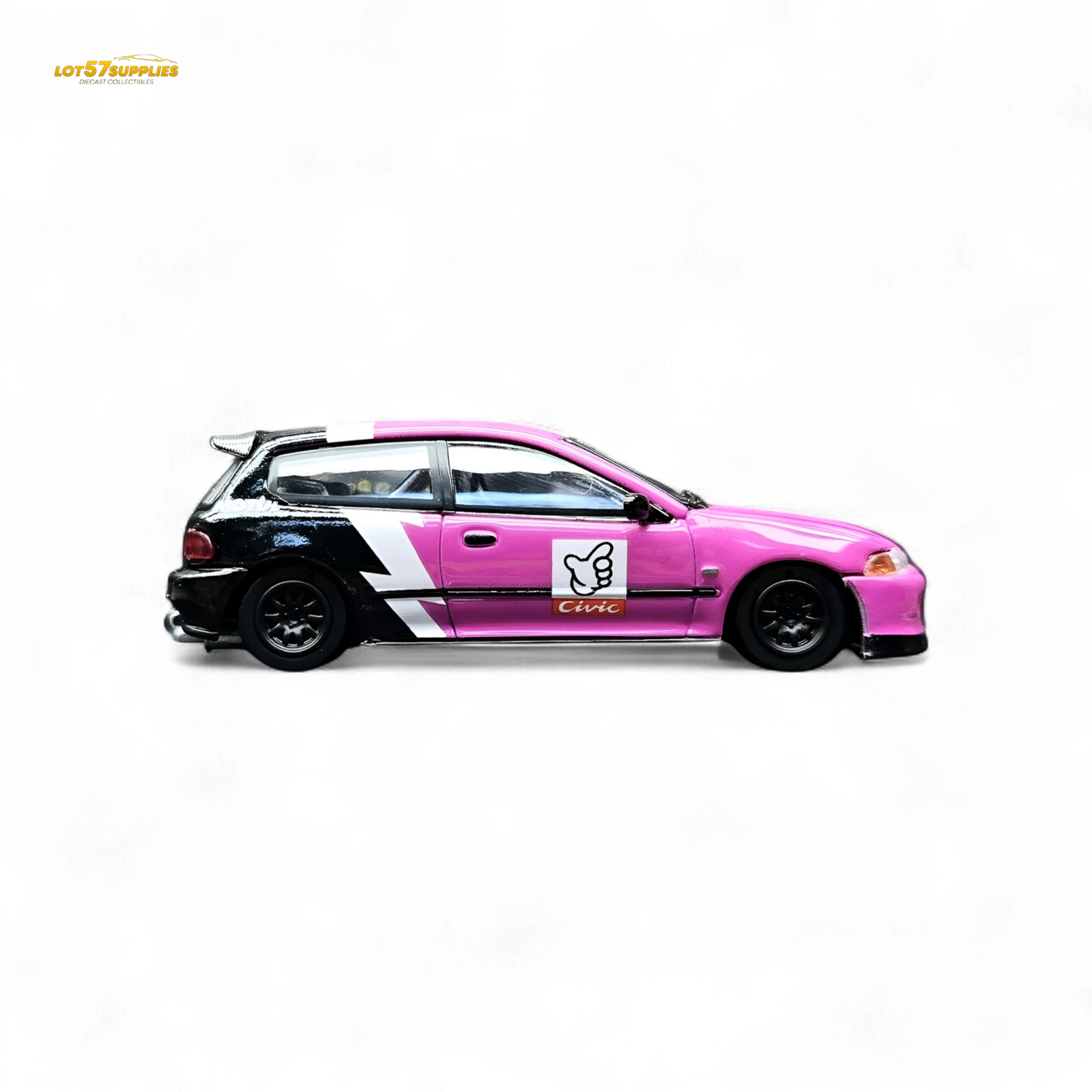 Pink Honda Civic EG6 diecast car by No Good Racing, 1:64 scale, displayed on a neutral background.