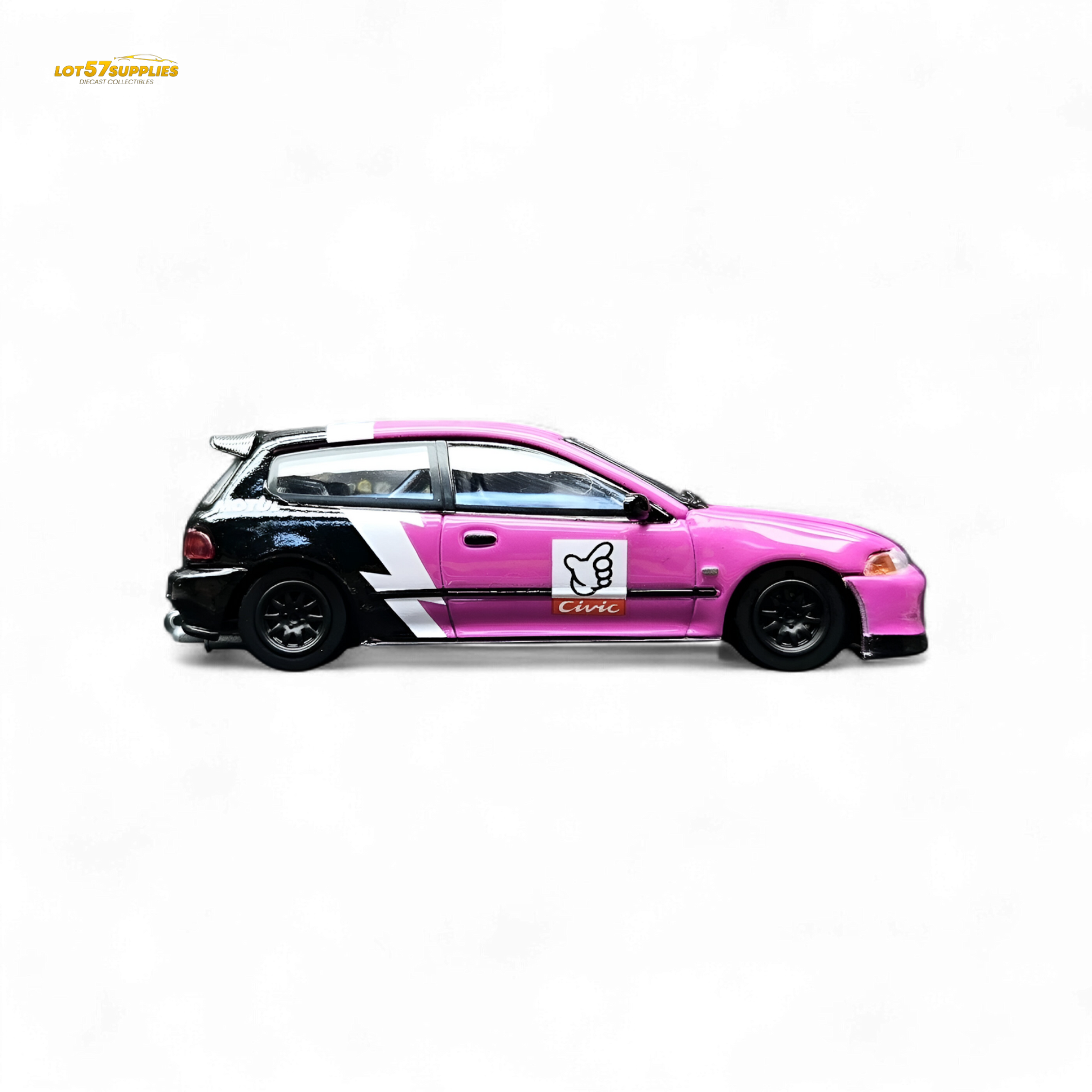 Pink Honda Civic EG6 diecast car by No Good Racing, 1:64 scale, displayed on a neutral background.