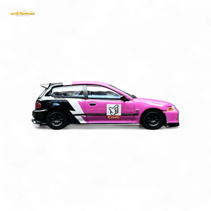 Pink Honda Civic EG6 diecast car by No Good Racing, 1:64 scale, displayed on a neutral background.
