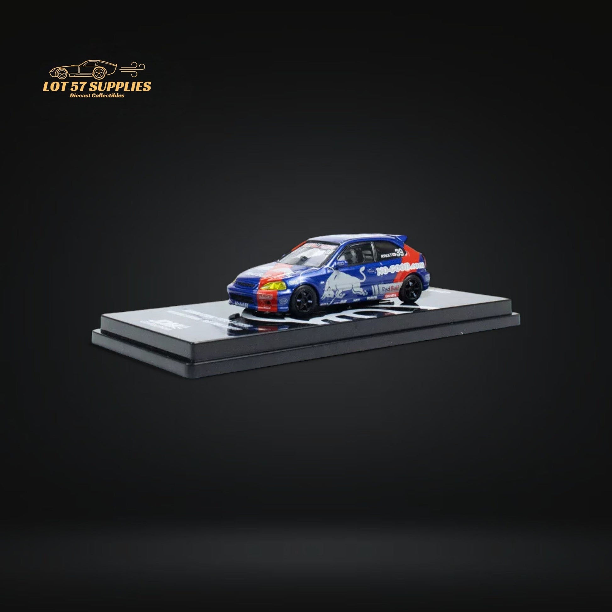Red Bull livery Honda Civic Type-R EK9 diecast model in 1:64 scale by Lot57Supplies, featuring detailed red and white racing design.