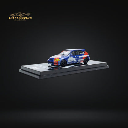 Red Bull livery Honda Civic Type-R EK9 diecast model in 1:64 scale by Lot57Supplies, featuring detailed red and white racing design.