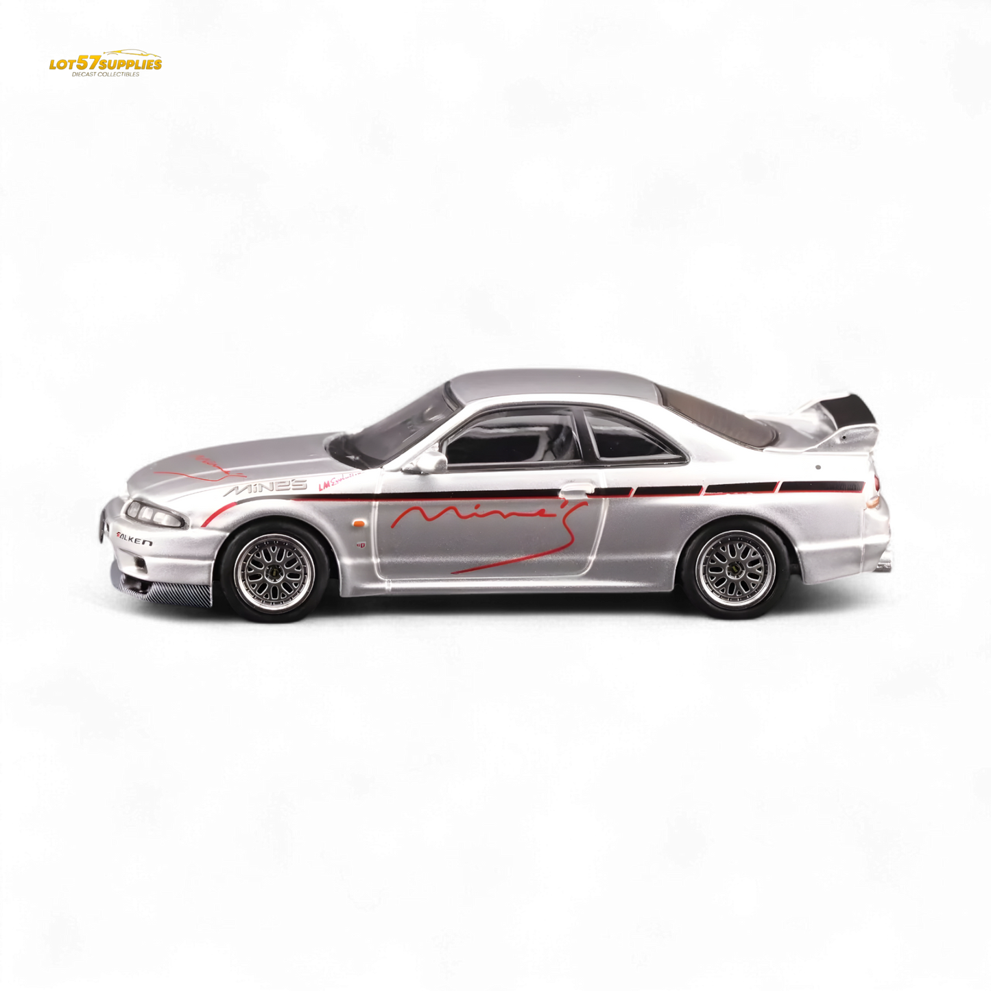 Silver Inno64 Nissan Skyline GT-R R33 diecast model tuned by Mine's, detailed 1:64 scale car with realistic features.