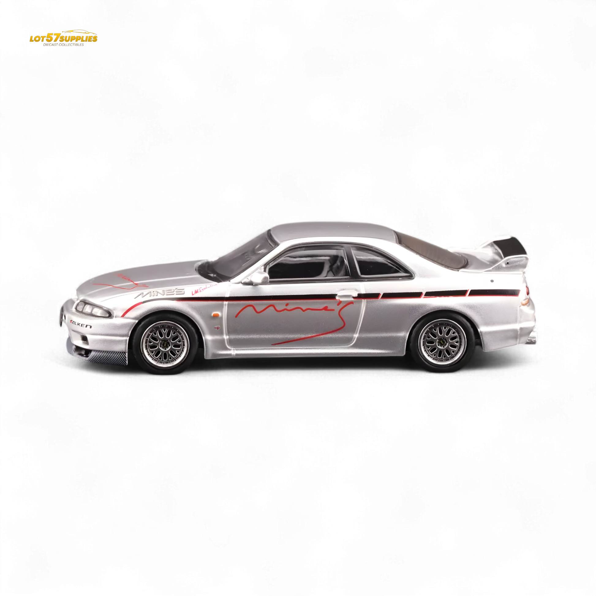 Silver Inno64 Nissan Skyline GT-R R33 diecast model tuned by Mine's, detailed 1:64 scale car with realistic features.