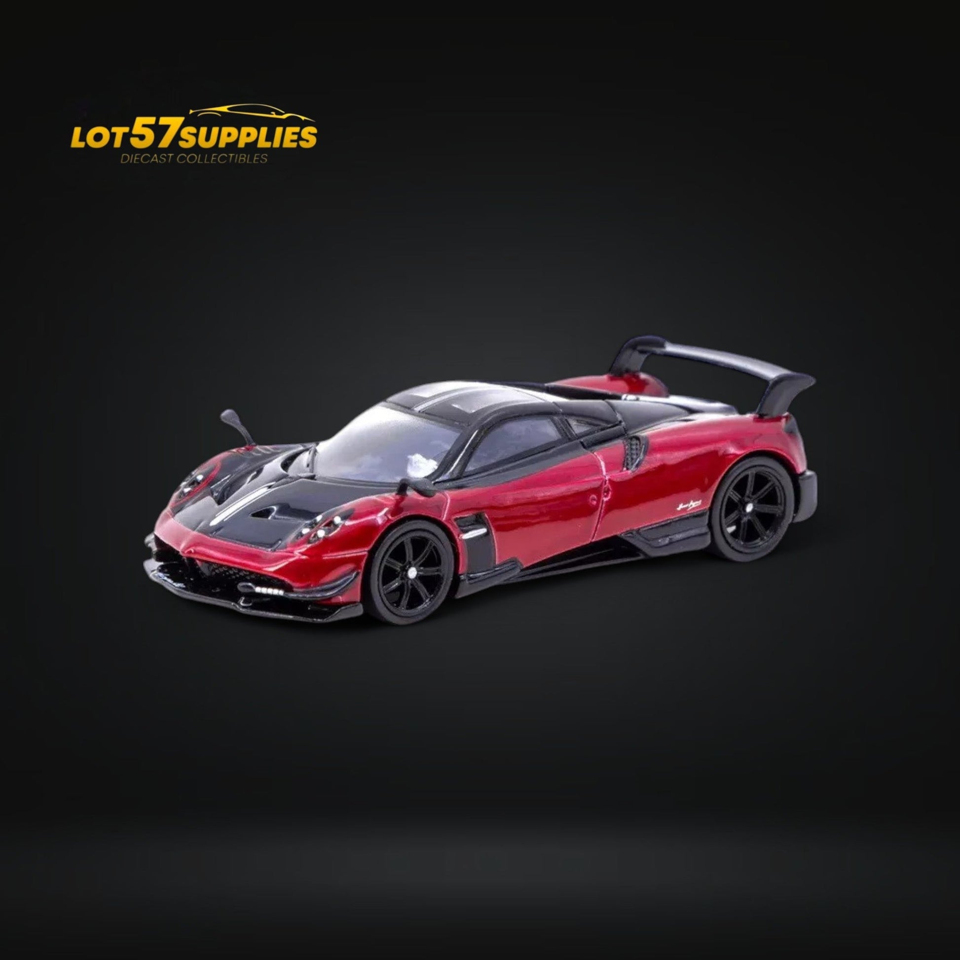 Red Pagani Huayra BC diecast model in 1:64 scale, featuring detailed design and vibrant color, from Tarmac Works.