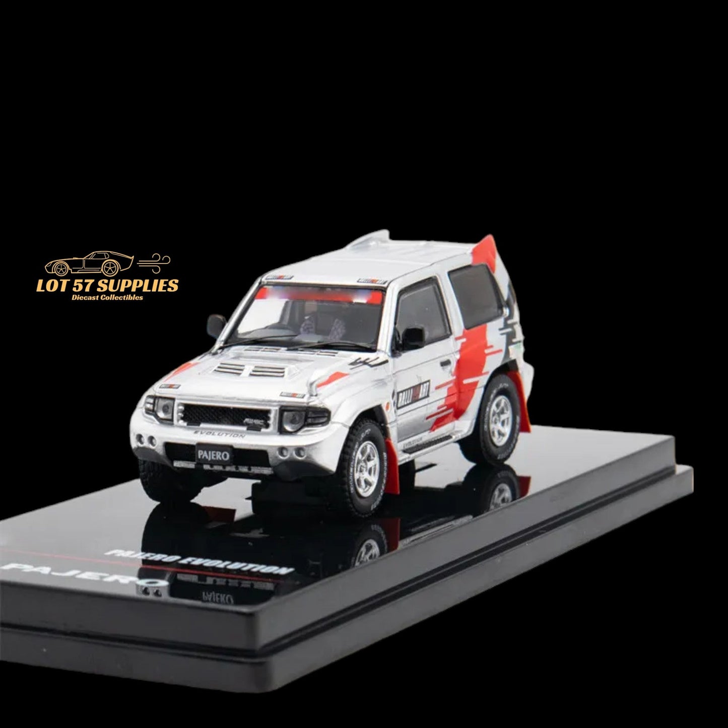 Silver Inno64 Mitsubishi Pajero Evolution Ralliart diecast model, detailed 1:64 scale vehicle with Mitsubishi branding.