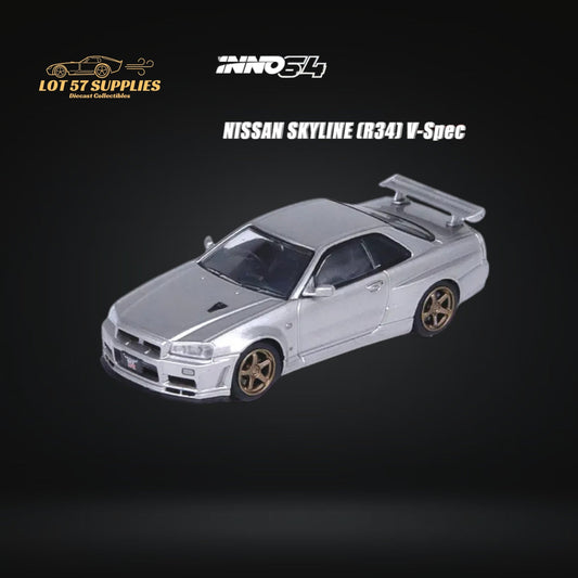 Inno64 Nissan Skyline GT-R R34 V-SPEC II Silver 1:64 - Evergreen Kings