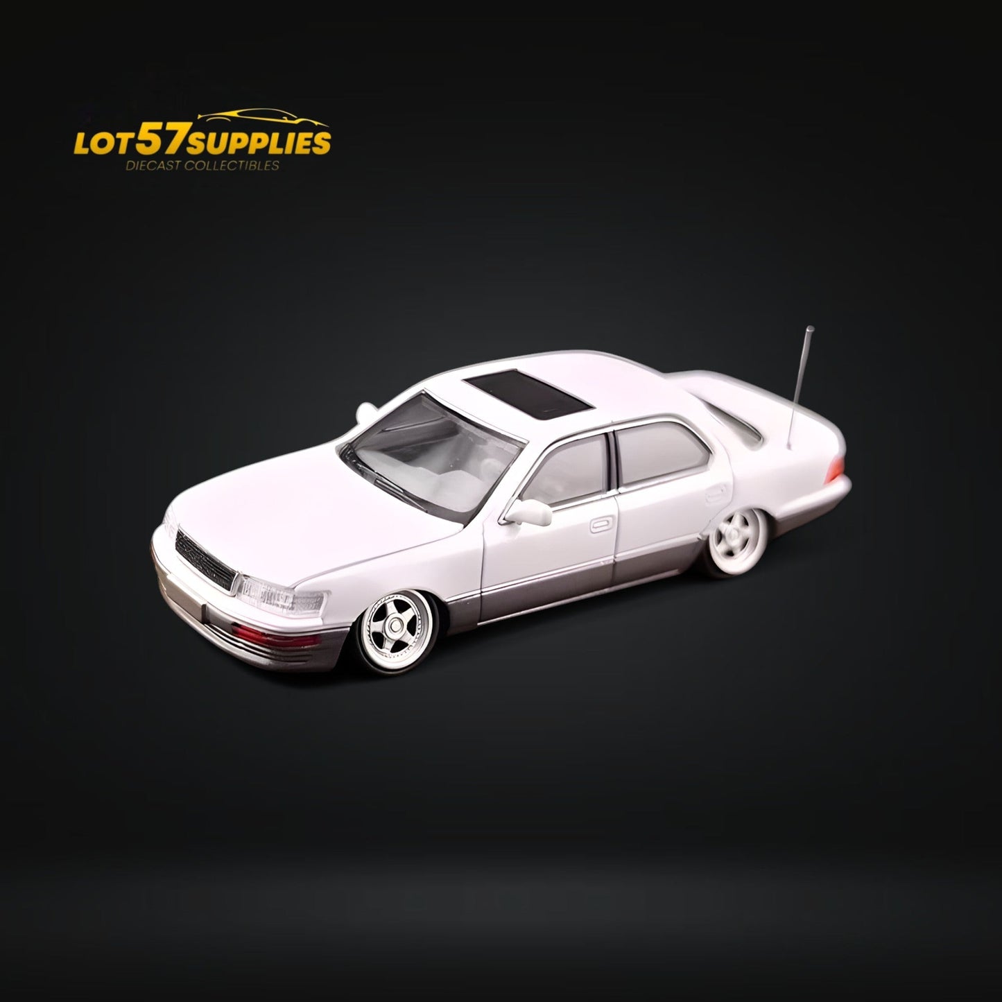 White and gray Lexus LS400 diecast model in 1:64 scale with double stance, from Lot57Supplies Diecast Shop.