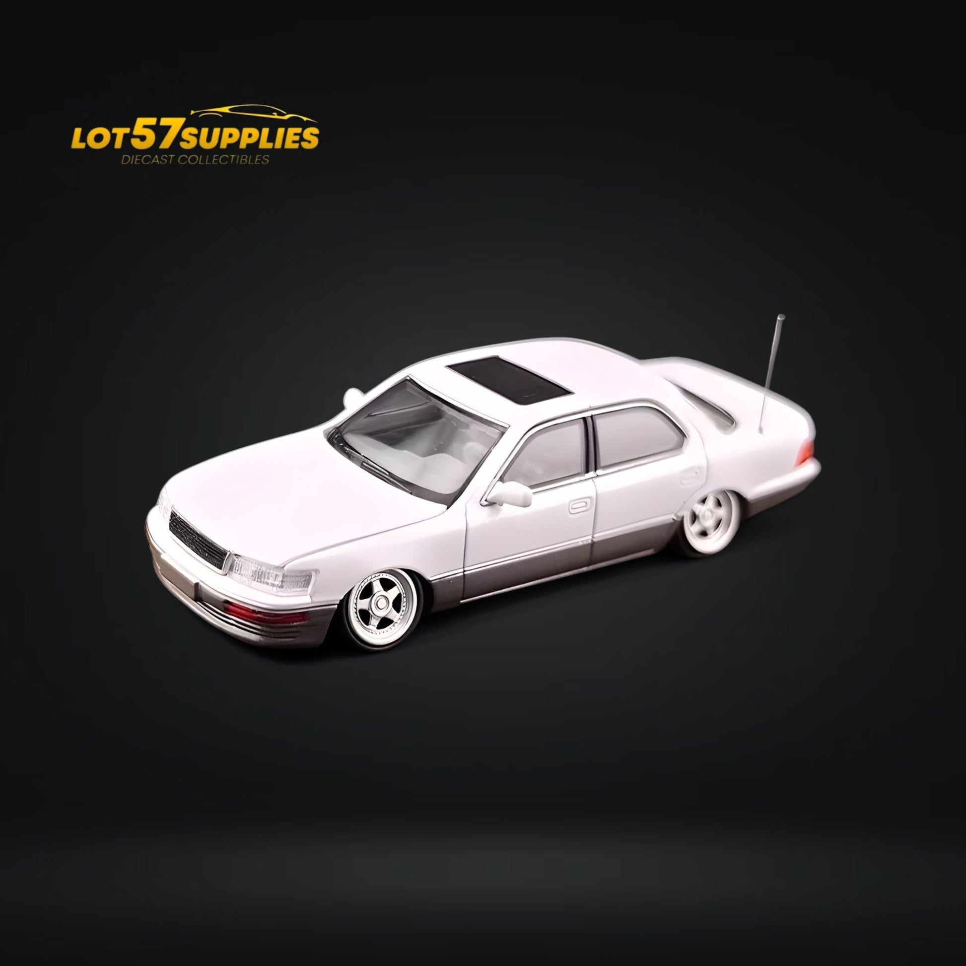 White and gray Lexus LS400 diecast model in 1:64 scale with double stance, from Lot57Supplies Diecast Shop.