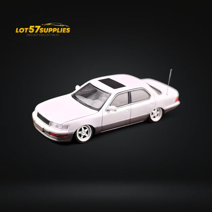 White and gray Lexus LS400 diecast model in 1:64 scale with double stance, from Lot57Supplies Diecast Shop.