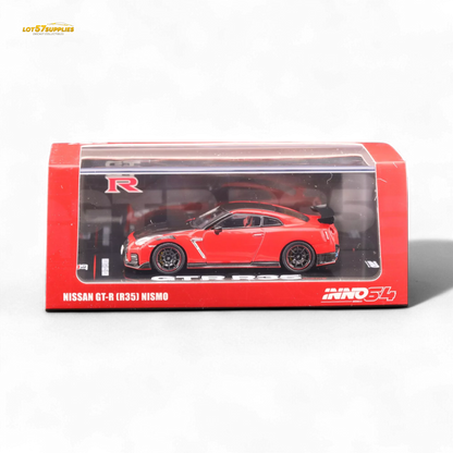 Red Inno64 Nissan GT-R R35 Nismo diecast model car, detailed 1:64 scale replica with realistic features and vibrant finish.