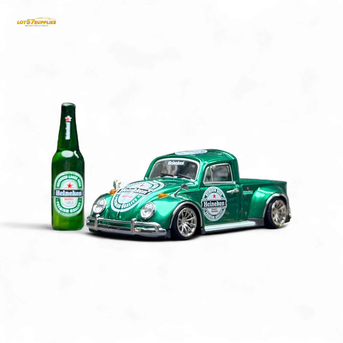 Diecast Liberty 64 VW Beetle Pickup in Heineken livery with detailed Heineken branding and vibrant green and white color scheme.