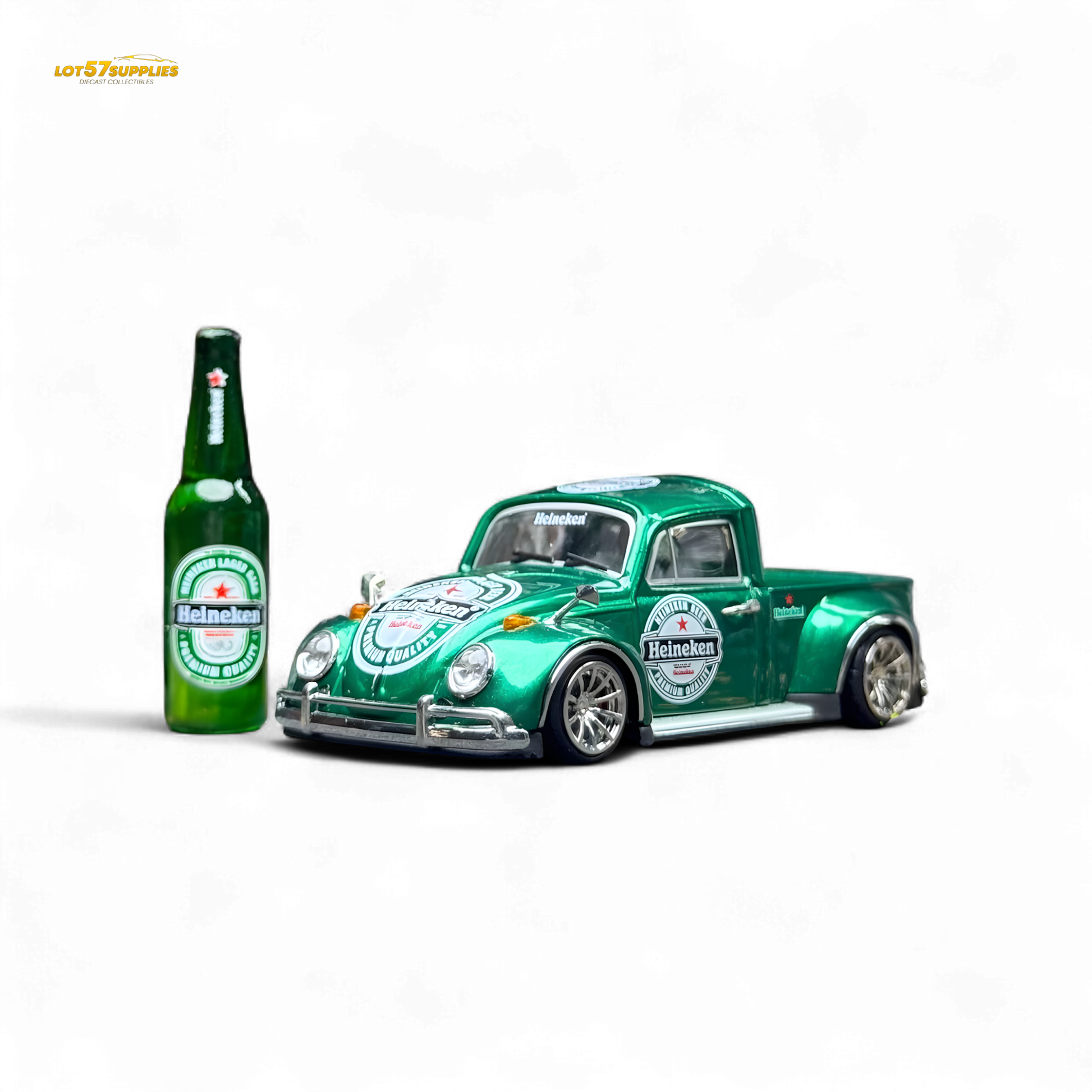 Diecast Liberty 64 VW Beetle Pickup in Heineken livery with detailed Heineken branding and vibrant green and white color scheme.