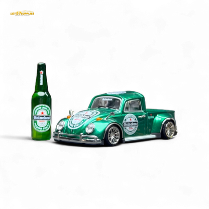 Diecast Liberty 64 VW Beetle Pickup in Heineken livery with detailed Heineken branding and vibrant green and white color scheme.