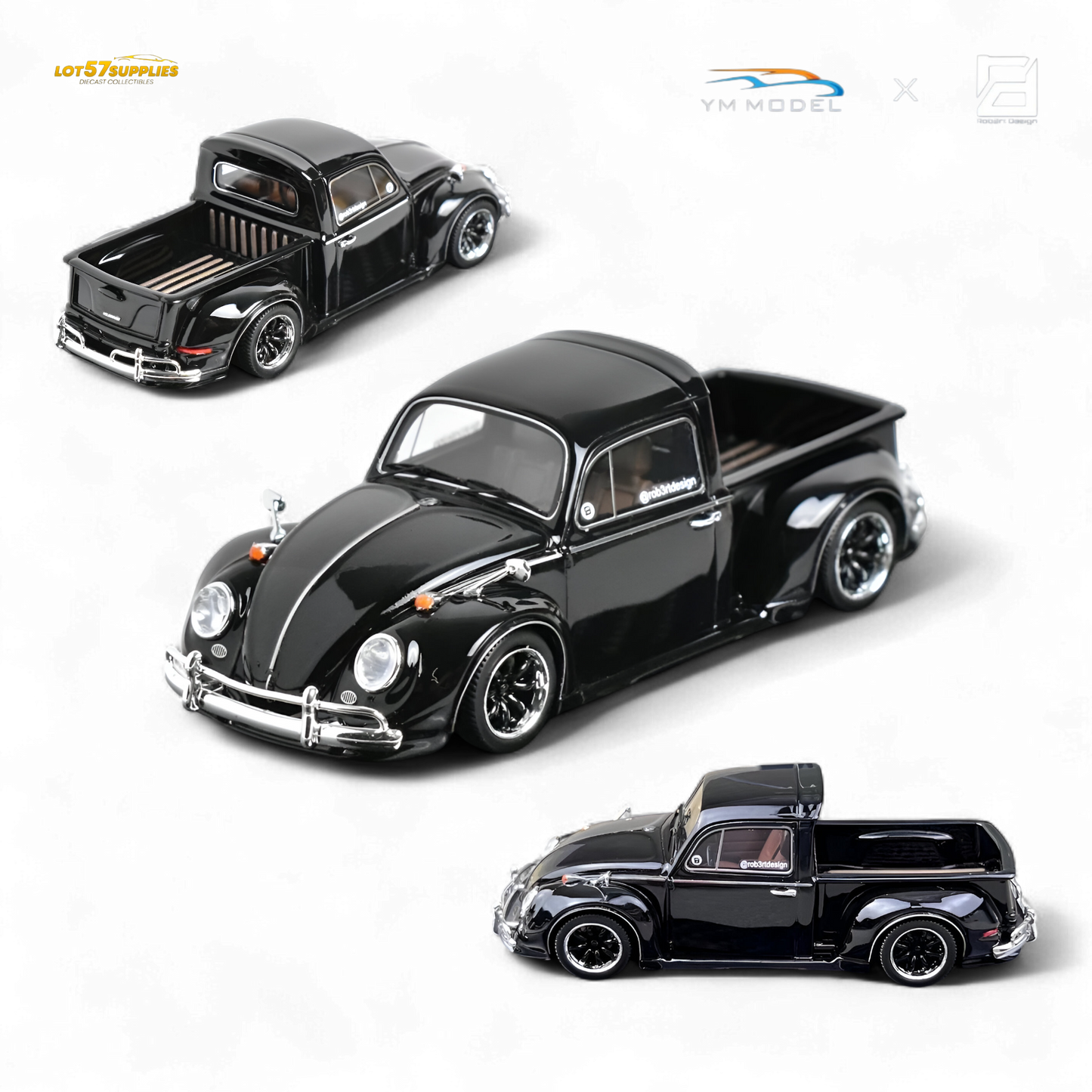 Black YM Model Volkswagen Beetle Pickup Truck diecast in 1:64 scale, detailed display of the classic vehicle with pickup truck features.