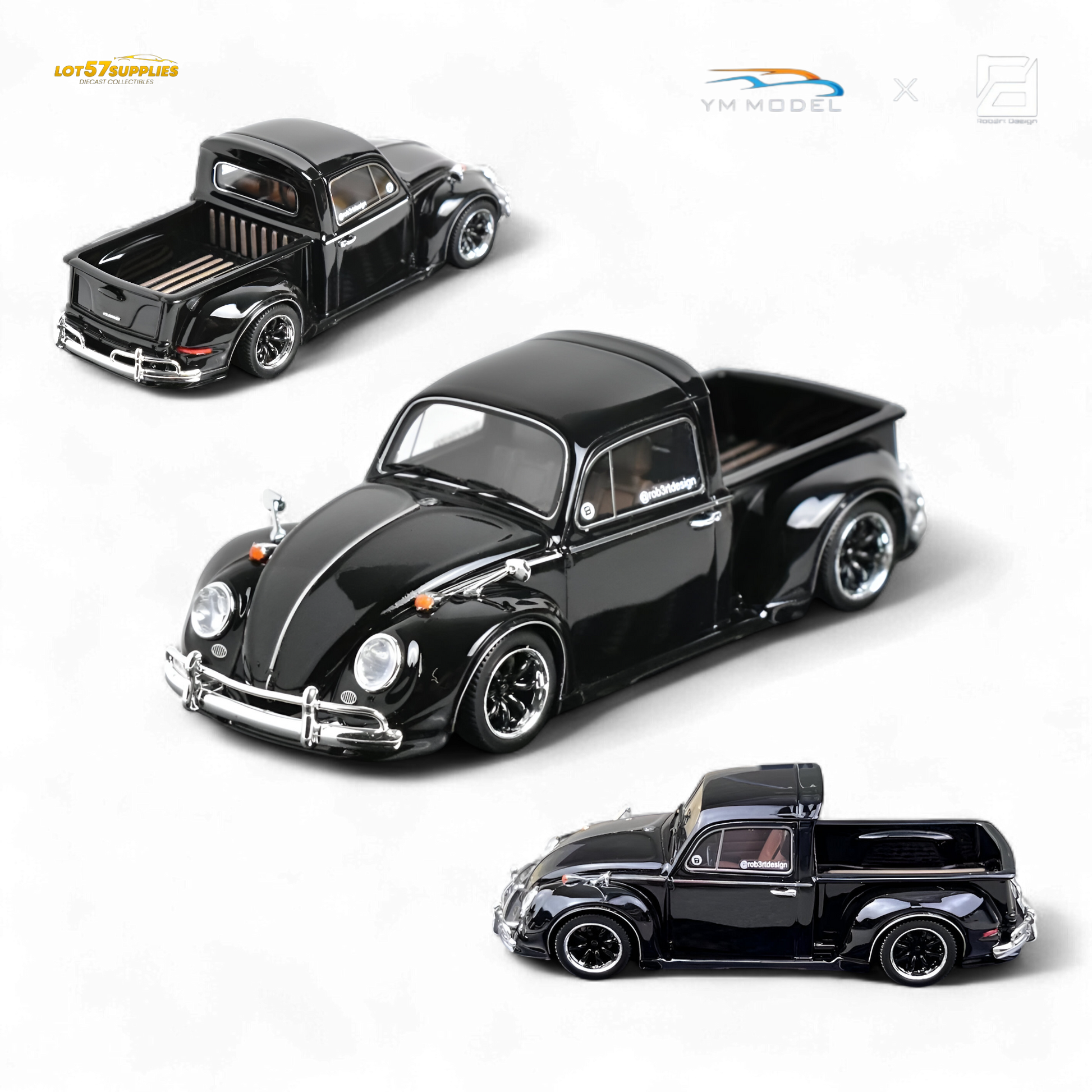 Black YM Model Volkswagen Beetle Pickup Truck diecast in 1:64 scale, detailed display of the classic vehicle with pickup truck features.