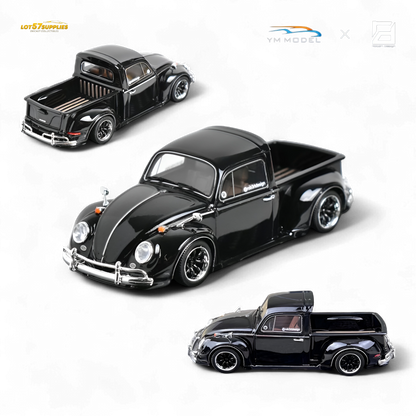 Black YM Model Volkswagen Beetle Pickup Truck diecast in 1:64 scale, detailed display of the classic vehicle with pickup truck features.