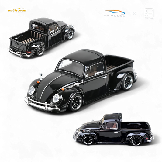Black YM Model Volkswagen Beetle Pickup Truck diecast in 1:64 scale, detailed display of the classic vehicle with pickup truck features.