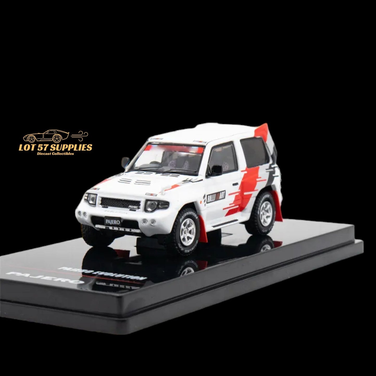 White Inno64 Mitsubishi Pajero Evolution Ralliart diecast model, detailed 1:64 scale toy vehicle with Mitsubishi branding.