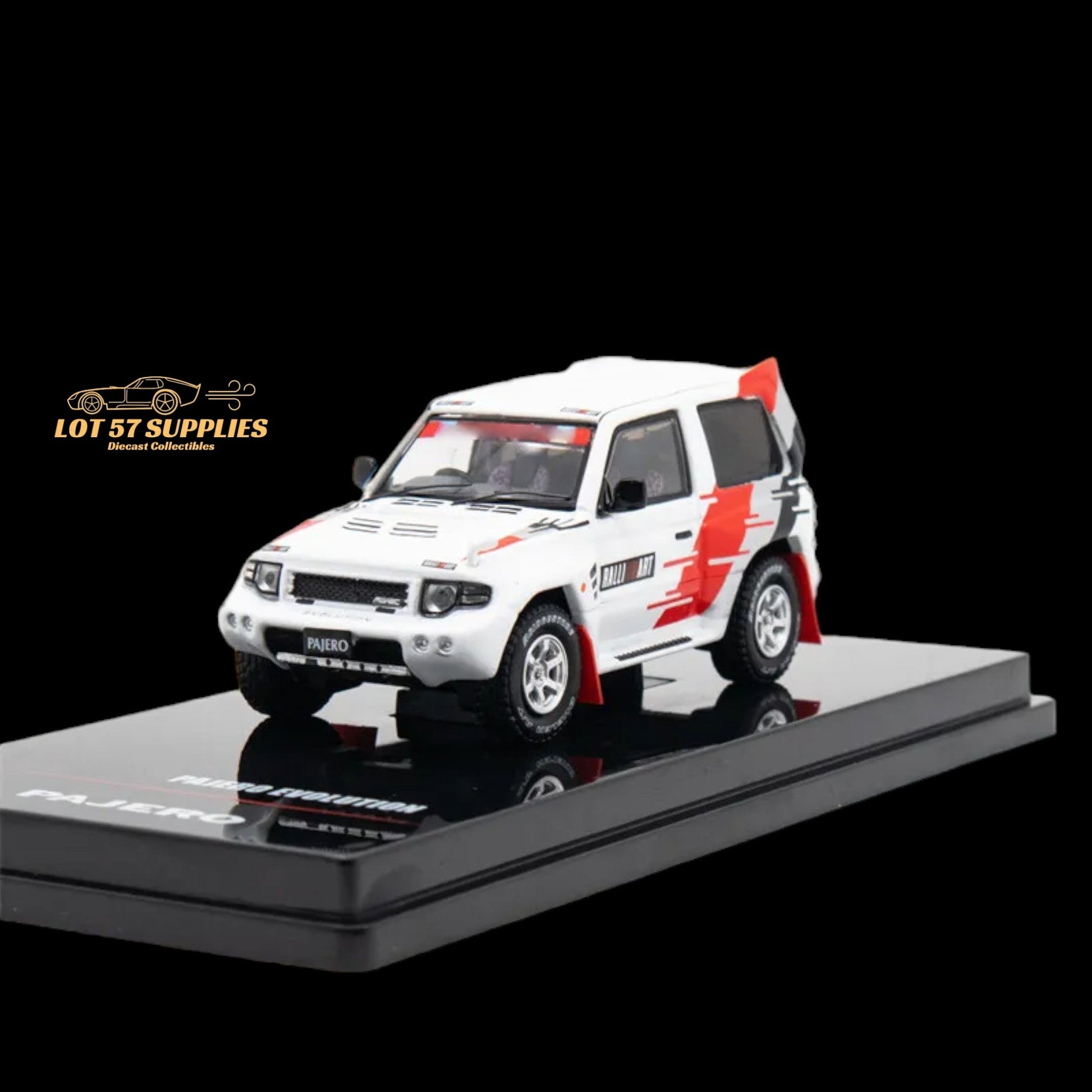 White Inno64 Mitsubishi Pajero Evolution Ralliart diecast model, detailed 1:64 scale toy vehicle with Mitsubishi branding.
