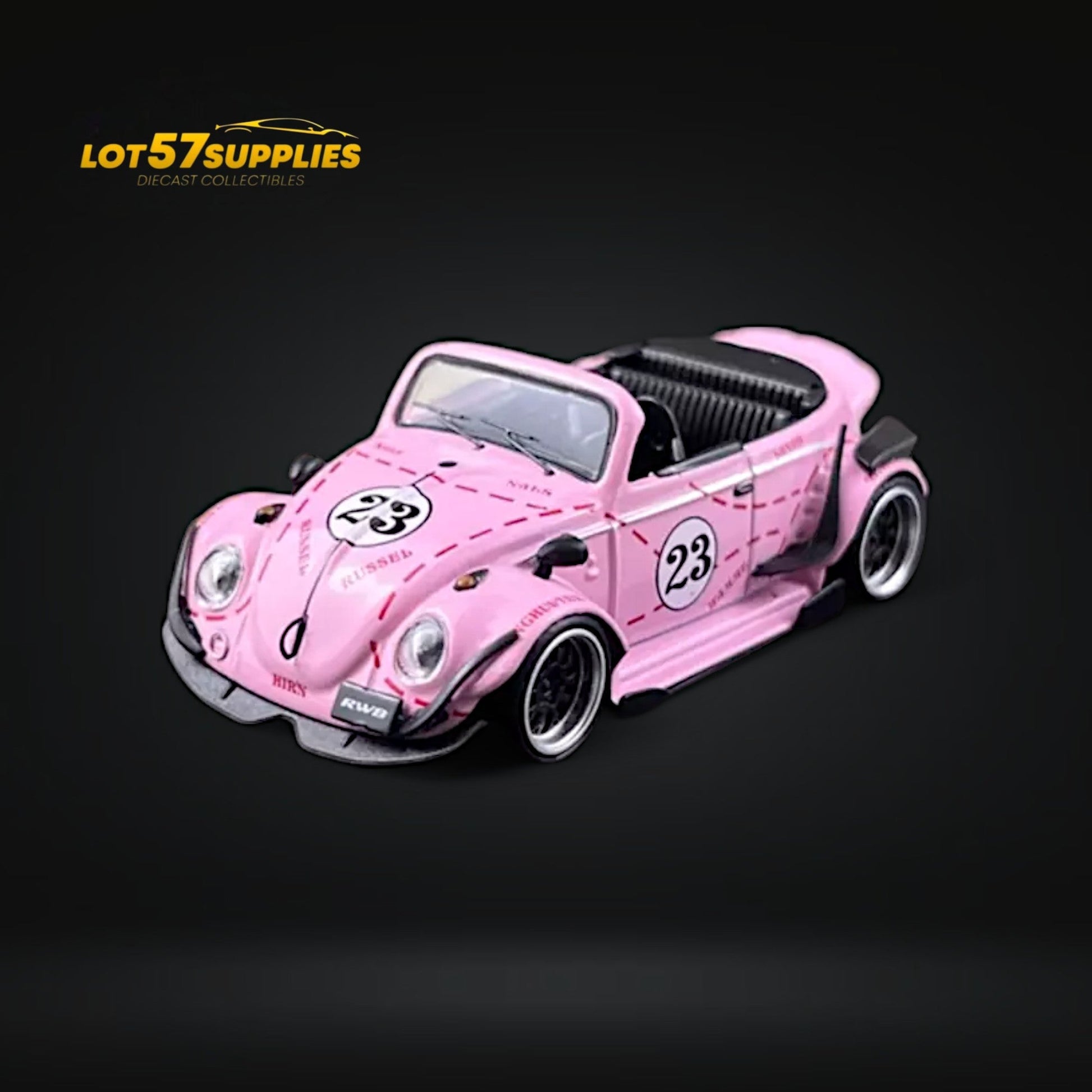 Pink VW Beetle diecast model with pig livery, scaled 1:64, featuring detailed Volkswagen design and vibrant pink finish.