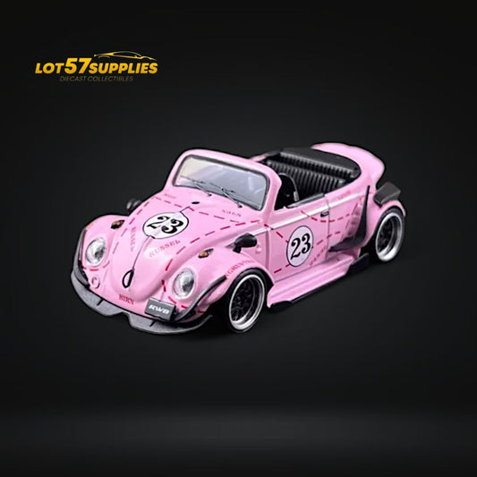 Pink VW Beetle diecast model with pig livery, scaled 1:64, featuring detailed Volkswagen design and vibrant pink finish.