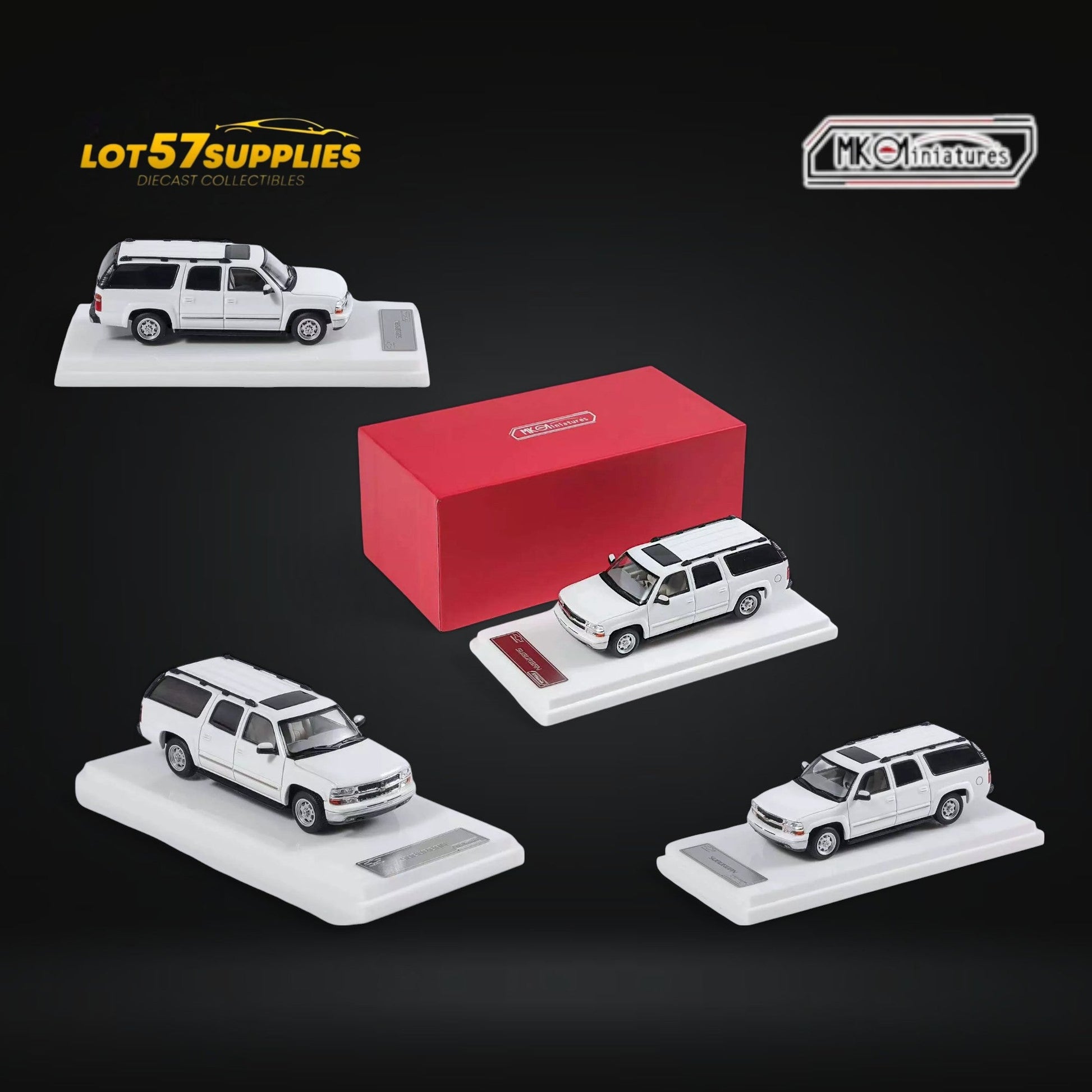 White 1:64 Chevrolet Suburban diecast model by Lot57Supplies in a detailed miniature vehicle image.